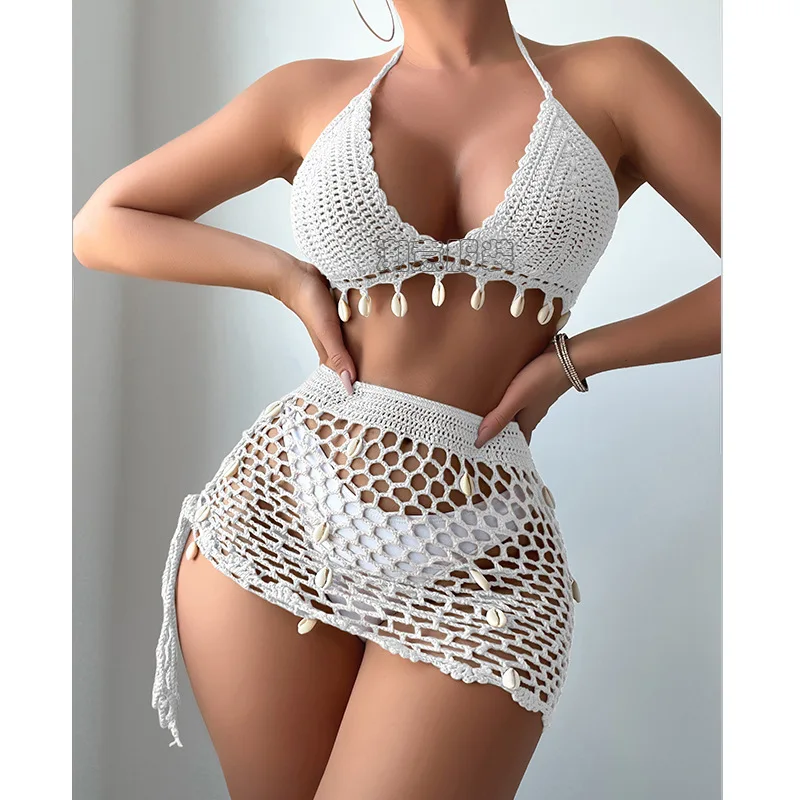 Maillot de bain sexy à bretelles pour femmes, vacances à la plage, découpe de coquille de crochet à la main, ensemble de bikini à la mode d'été, 2024