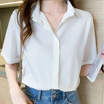 Zomer Nieuwe Koreaanse Stijl Effen Kleur Elegante Mode Dames Shirt Esthetische Casual Losse Blouse Vrouwelijke Chic Office Lady Trui