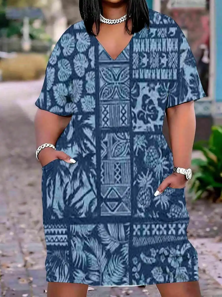 

Blue Patchwork Print V-Neck Short Sleeve Casual Dress For Women