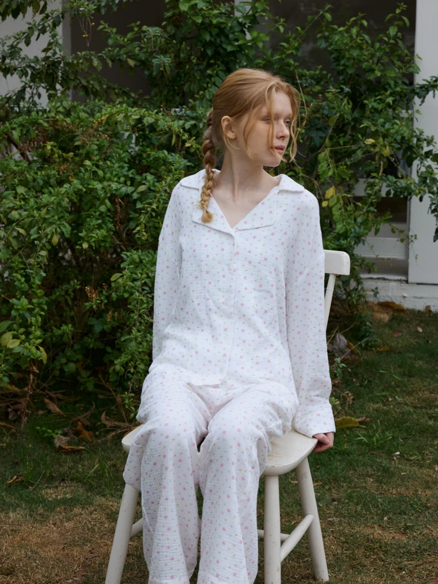 Muabomb Pure Cotton Sleepwear Set Women's Double Layered Home Clothes Anti-Static Comfortable Long Sleeve Nightgown for Sprin...