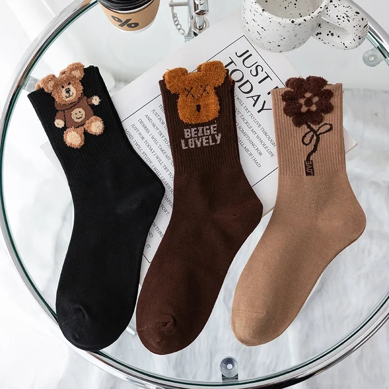 3 Pairs Women's Korean Style Cartoon Cotton Socks Set Cute Short Socks for Ladies Girls Students in Assorted Fun Colors