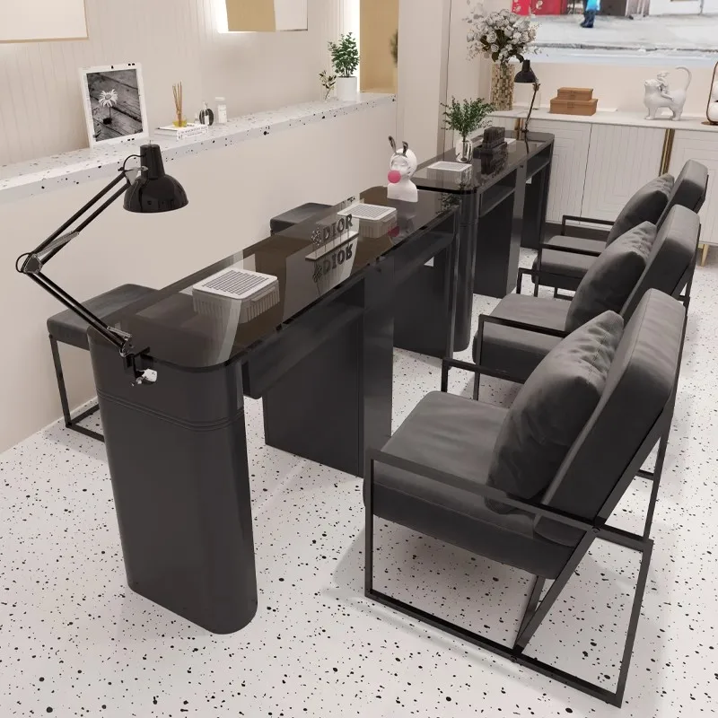 

Modern Nail Shop Double Seater Salon Spa Manicure Table Luxury Glass Top Salon Furniture Nail Table with Chair Set for Sale