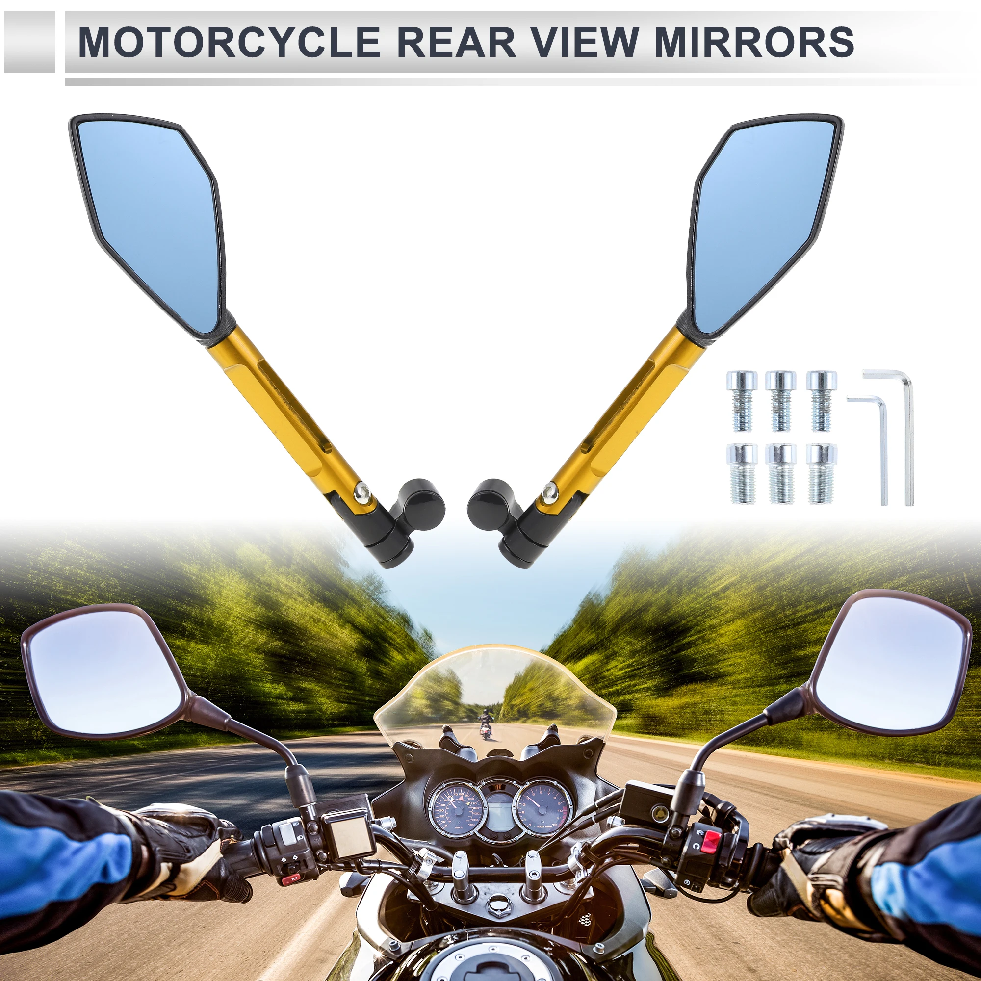 Motoforti M8/M10 Motorcycle Rear View Mirrors Black Gold Tone Aluminum Alloy Aluminum 1set