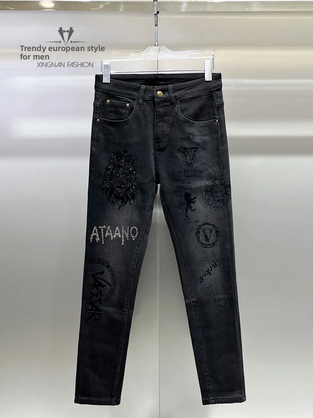 

Men's Faionable Skinny Jeans Bla Print Heat Rhinestone Autumn Winter Cotton Polyester Elastic Fiber Comfortable Breathable