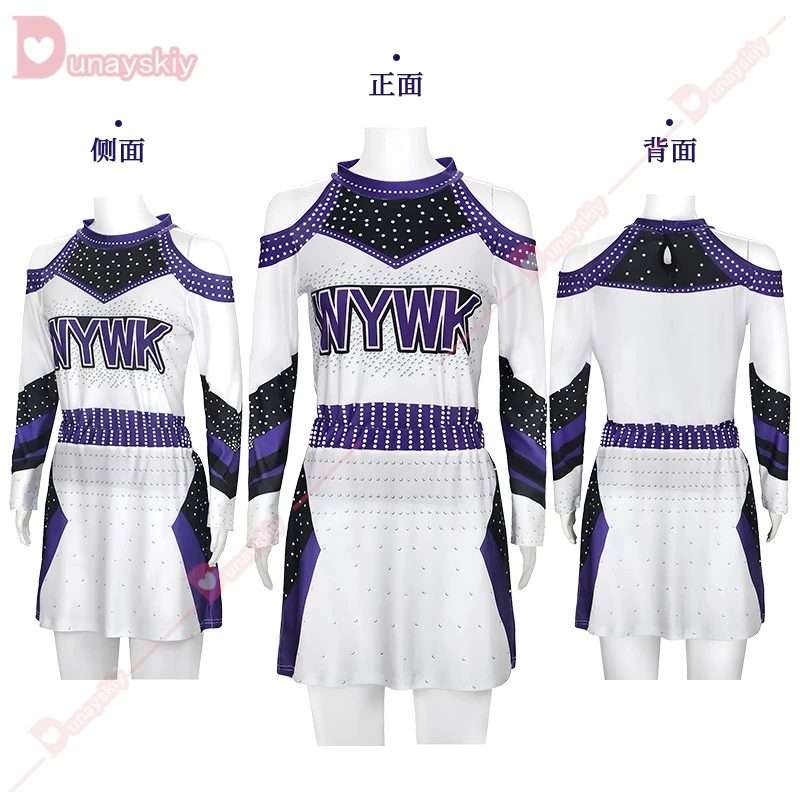 Vestito da cheerleader da donna Costume da ballo cosplay per ragazze della scuola sexy Abbigliamento da ballo Mini abito a pieghe da competizione con diamanti caldi per adulti