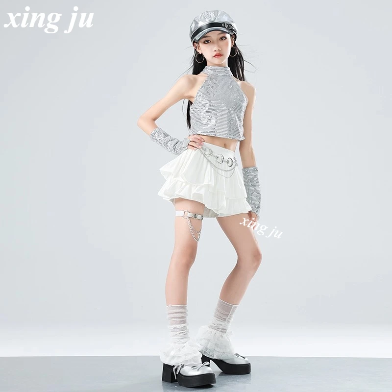 Gonna bianca per bambini Abbigliamento Hip Hop Costume jazz per bambini Ragazze Danza di strada Paillettes argento Halter Top Abiti per spettacoli teatrali