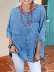 Camicie di jeans da donna moda pianura mezza manica impiombata elegante camicia camicetta camicia di cotone intrecciato Chemise Blusas top primavera autunno