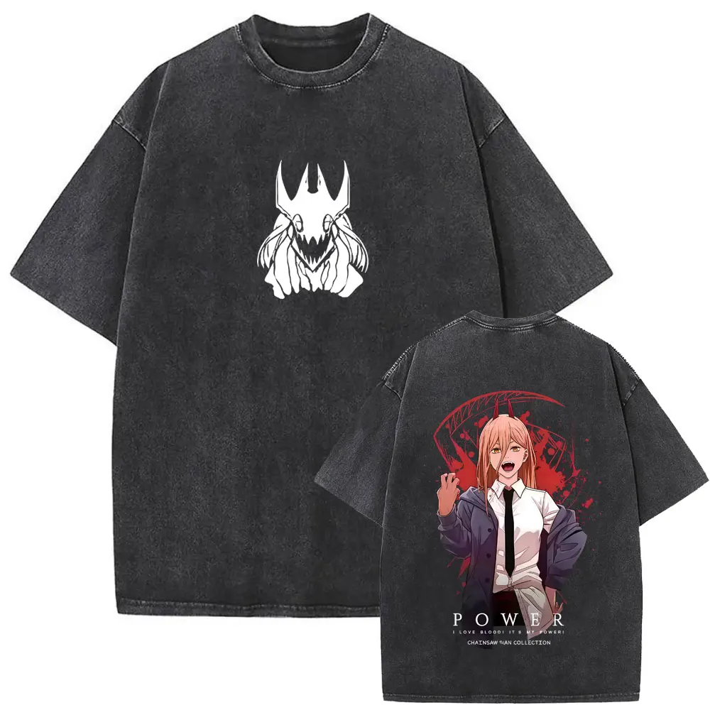 

Washed Vintage Anime Chainsaw Man Power Merch T-shirt Men Women Manga Retro Oversized T Shirts Male Casual Humor Cotton T-shirts
