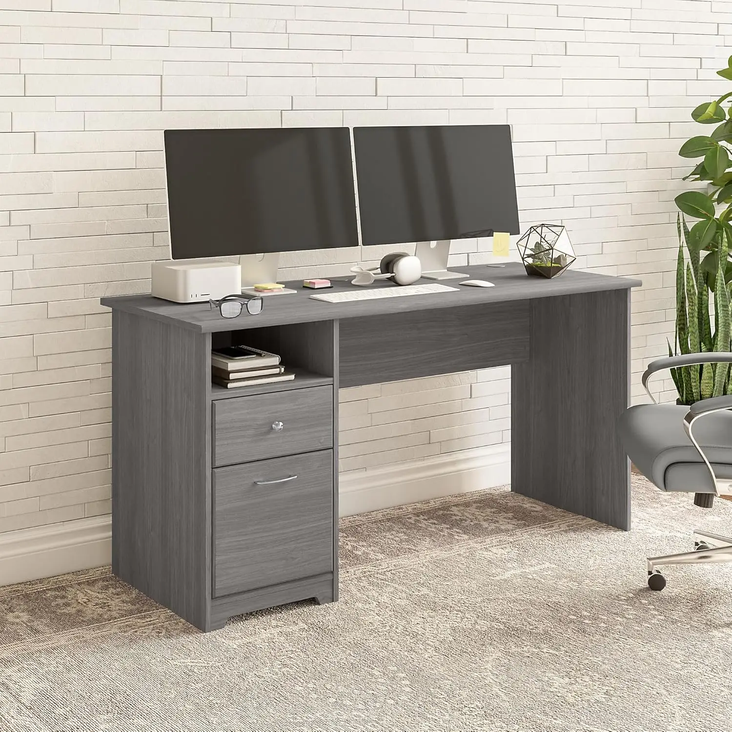 Bush Furniture Cabot 60W Computer Desk With Drawers In Modern Gray, Workstation And File Storage, Desktop With Organization