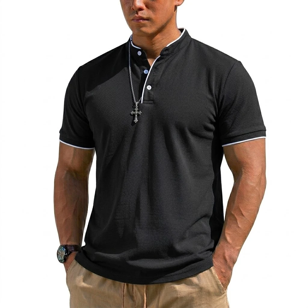 Summer Short Sleeve Henley Shirt Men Button Polo Shirts Classic Collarless T-Shirts for Men Luxury Breathable Hiking T-shirt Gym view 2