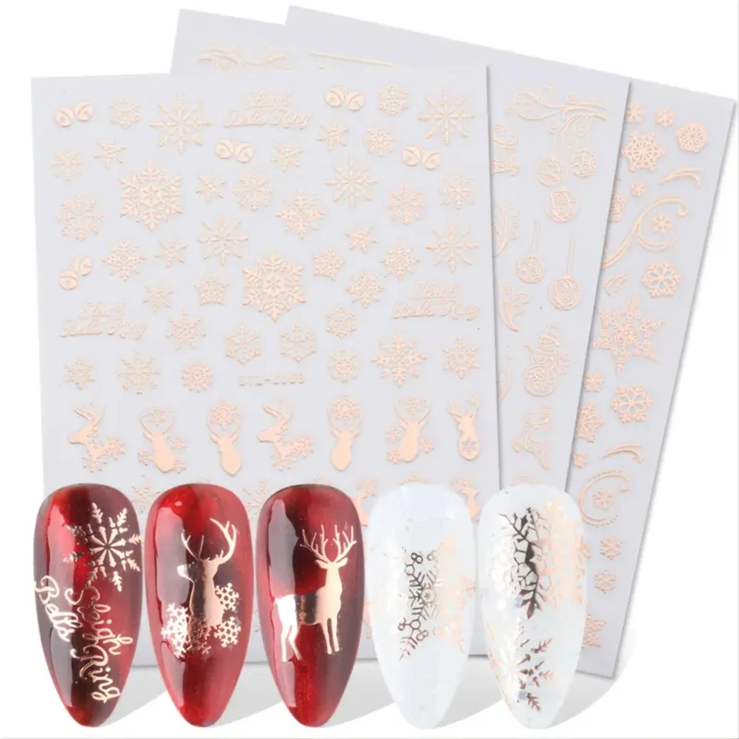 Festive Christmas Self-Adhesive Nail Decal Stickers with Snowflake, Snowman, Santa Claus, Tree, Rose - Golden Winter Nail Art De