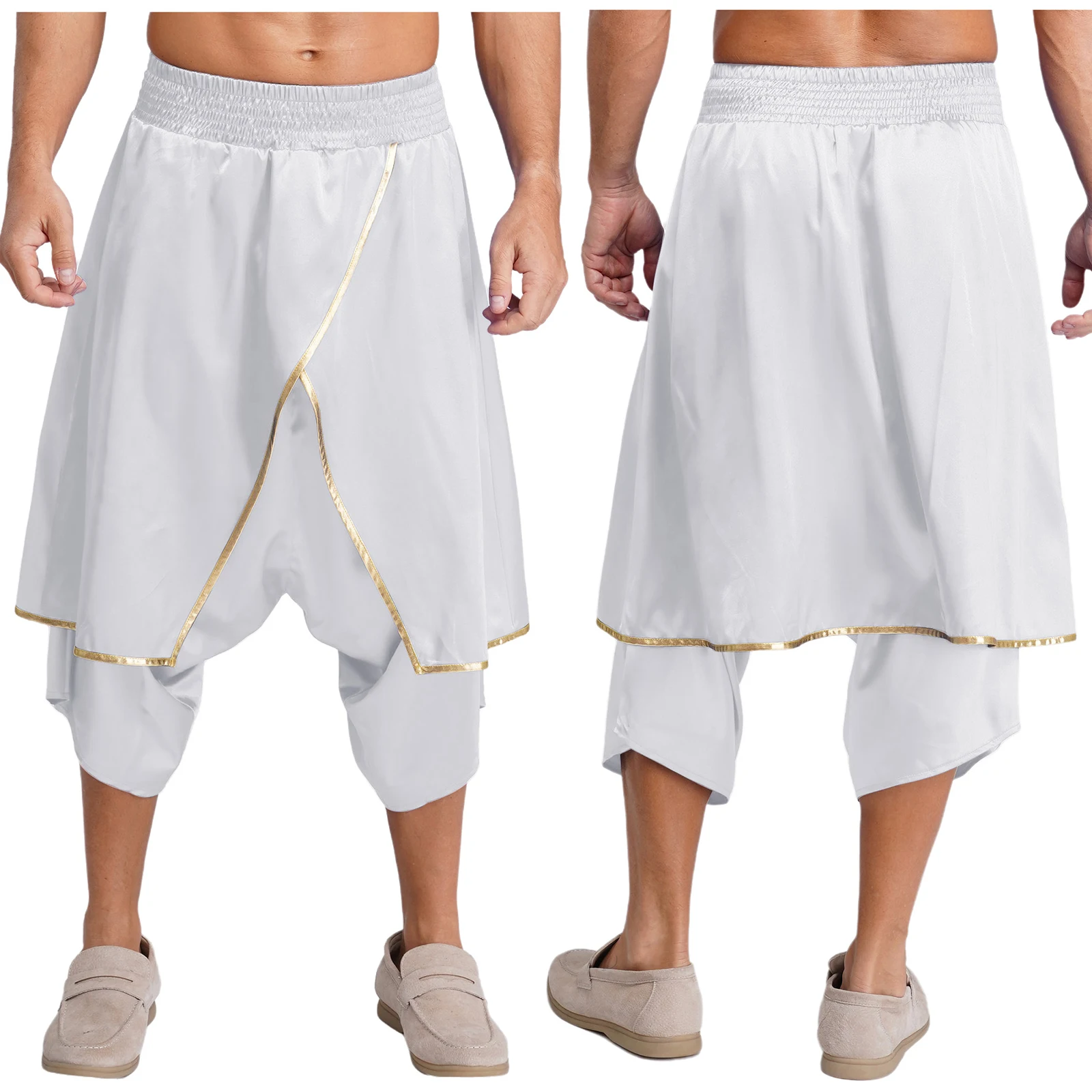 

Men's Medieval Arabic Middle East India Harem Pants Overlay with Metallic Trim Loose Lantern Trousers Satiny Dhoti Cosplay Pants