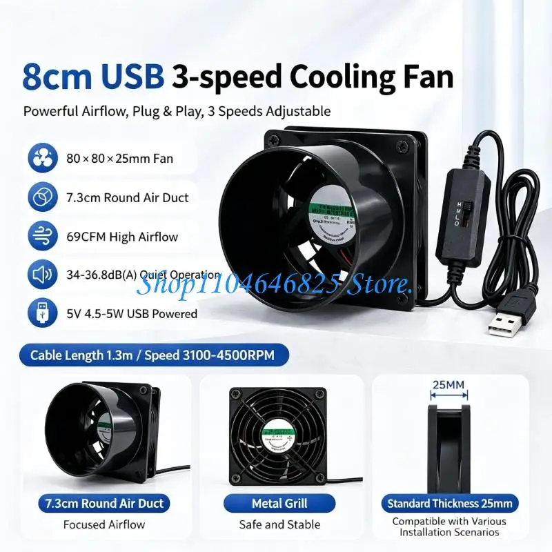 USB Powered Duct Fan with 3 Speed Selector for Bathroom Kitchen 3D Printer Case and Soldering Fume Exhaust Support Use for Daily