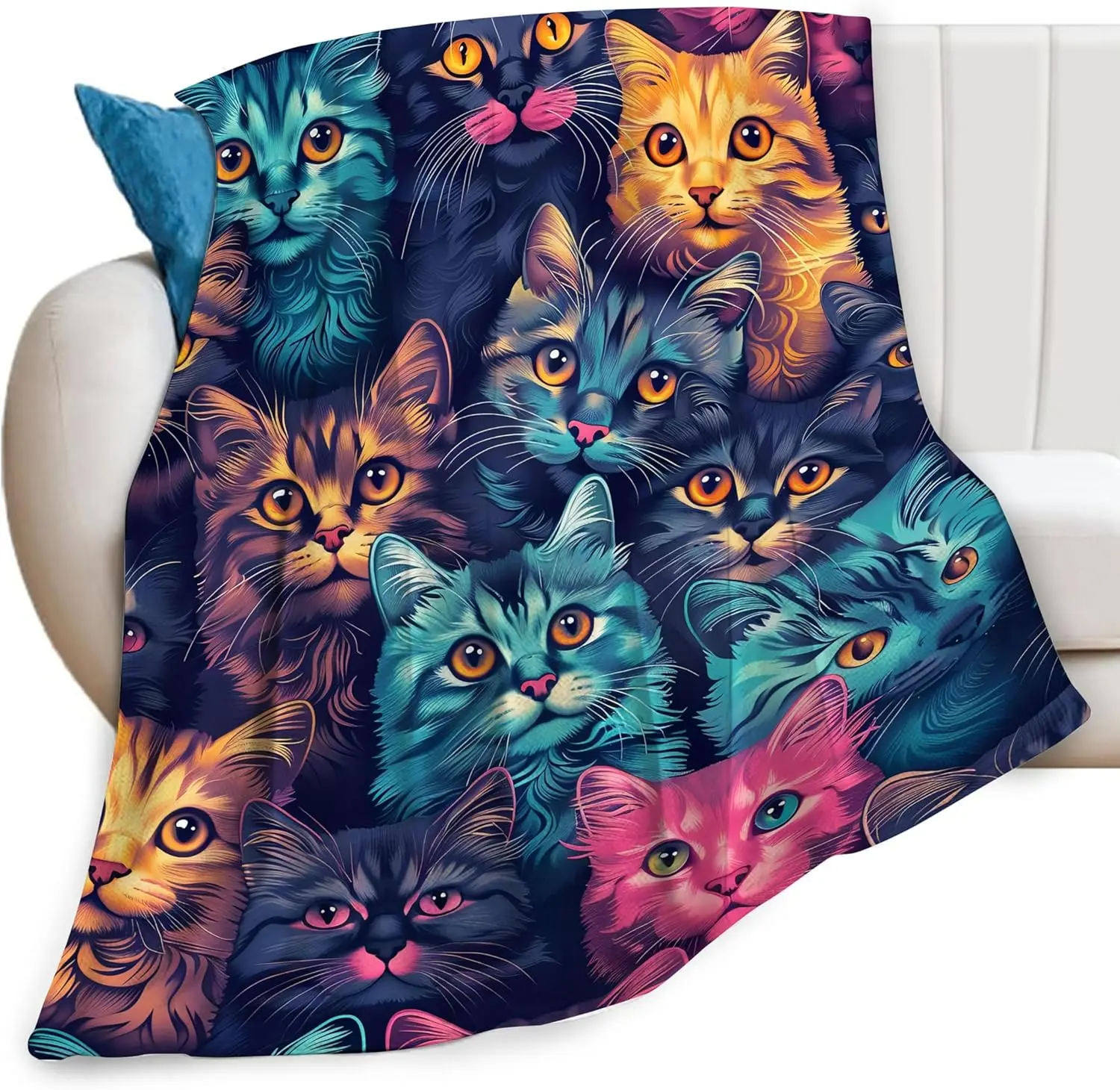 Funny Colorful Cat Print Blanket Cute Kawaii Kitty Animal Throw Blankets Gifts for Couch Sofa Bed Stuff Decor Soft Cozy Fleece