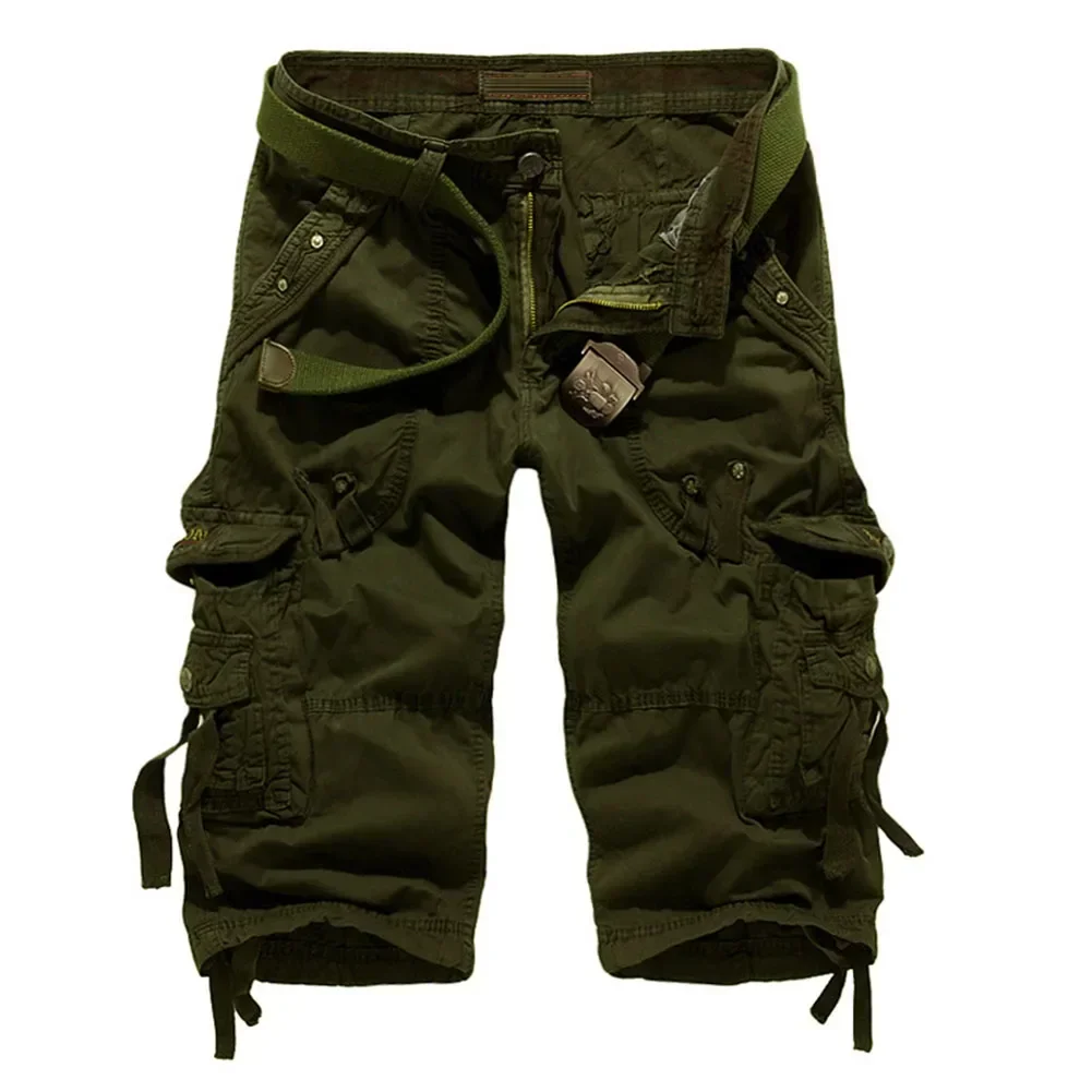 Calça curta de camuflagem do exército respirável masculina, calção de trabalho, casual, tamanho grande, bolsos, macio, cor sólida, meia calça