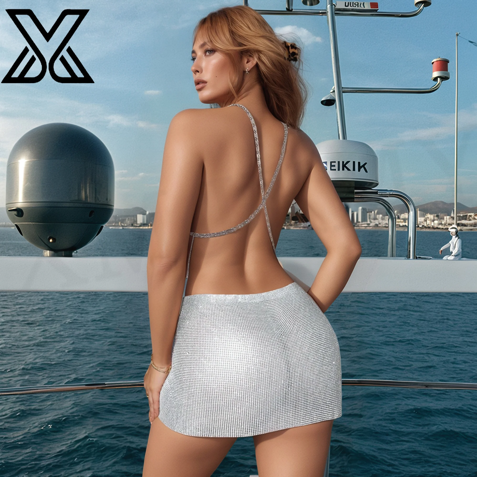 XMJXMY Sexy backless metal sequin nightclub women's dress beach club mini beach dress set