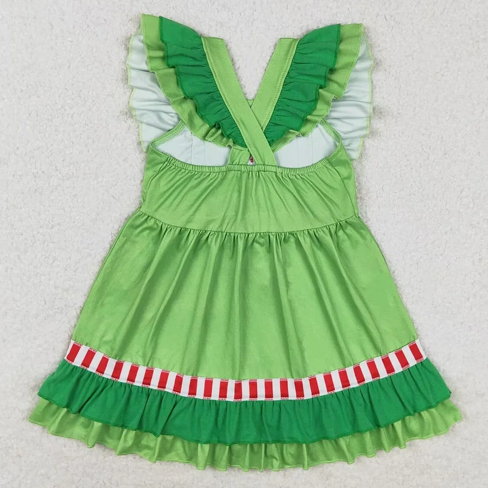 

Hot Sale Baby Girls Dress Christmas Green Hearts Bows Ruffle Knee Length Dresses Boutique Kids Toddler Girls Dresses Wholesale
