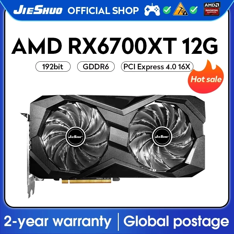 JIESHUO AMD RX 6700XT 12GB video graphics card GDDR6 192BIT GPU rx6700xt 12g for computer desktop gaming games office 6700xt rx