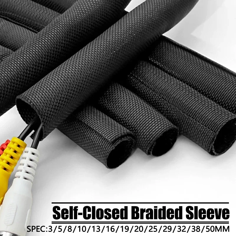 PET Self-close Braided Sleeve ID 3-50mm Self-Closed Insulated Wrap Self Closing Sleeved Line Organizer Wire and Cable Protector