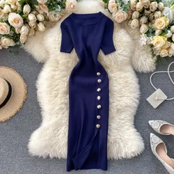 Chic Elastic Knit Split Bodycon Dress Short Sleeve O Neck Women Elegant Korean Fashion Vestidos Summer Slim Wrap Pencil Dress