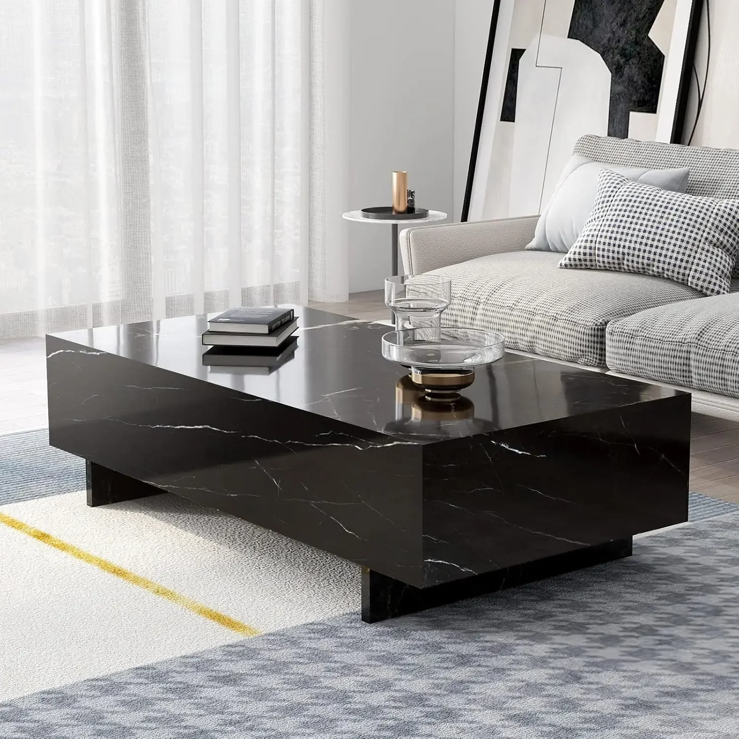 Marble Rectangle Coffee Tables for Living Room,Black Modern Side Table,Contemporary High Gloss Elegant Center Table for Waiting