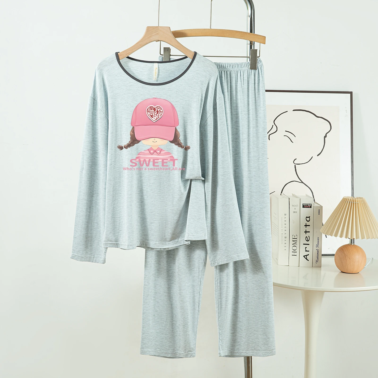 

5181-250 Повседневные и удобные пижамы из модального хлопка для женщин, новые весенне-осенние длинные брюки с длинными рукавами, однотонные повседневные