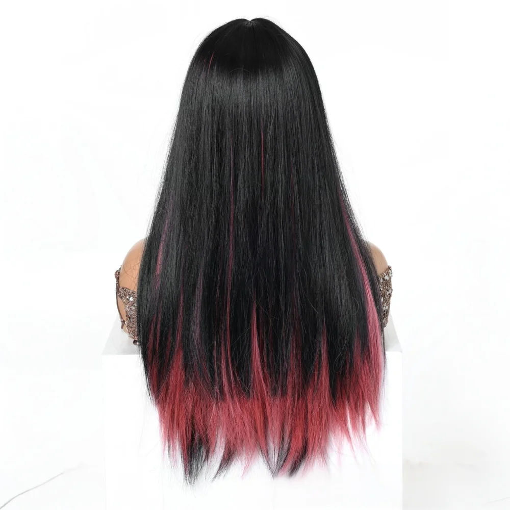 Easihair Black with Red Pink Highlight Long Straight Wig With Bangs Heat Resistant Synthetic Hair Gothic Halloween Cosplay Wigs - view 6