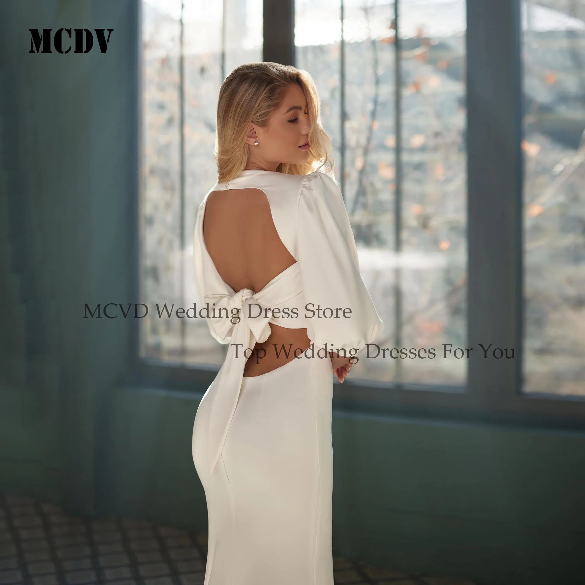 MCDV فساتين حفلات الزفاف المثيرة رقبة دائرية نصف كم حورية البحر فساتين العروس للنساء فستان زفاف مخصص 2025 سويب تراين من الساتان