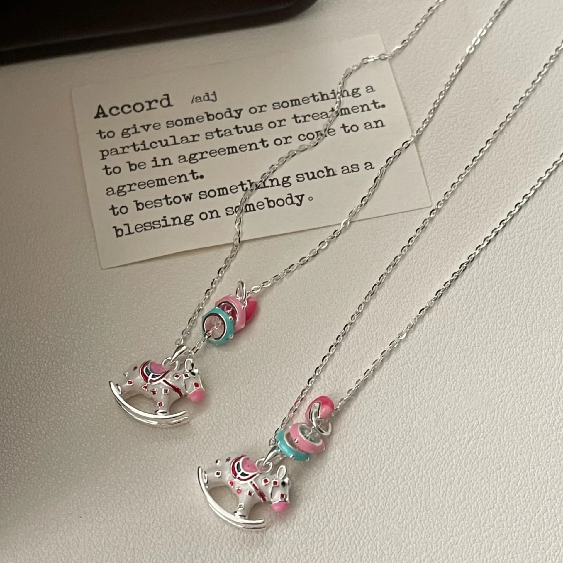 

S925 Sterling Silver Carousel Necklace "Horse Brings Wealth" Enamel Design, Dreamy Girly Aesthetic INS Collarbone Chain