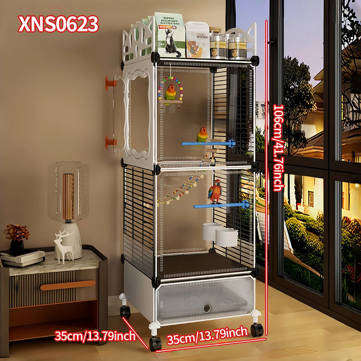 Large Transparent Assembled Bird Cage with Pull-Out Base and Swivel Wheels, Multi-Layer Detachable DIY Free-Standing Parrot Cage, Vertical Modular Birdhouse, Suitable for Budgerigars, Cockatiels, and Lovebirds; Panoramic Plastic Bird Viewing Villa, Includes Bird Play Accessories, Multiple Sizes, and Optional Pointed Roof Design