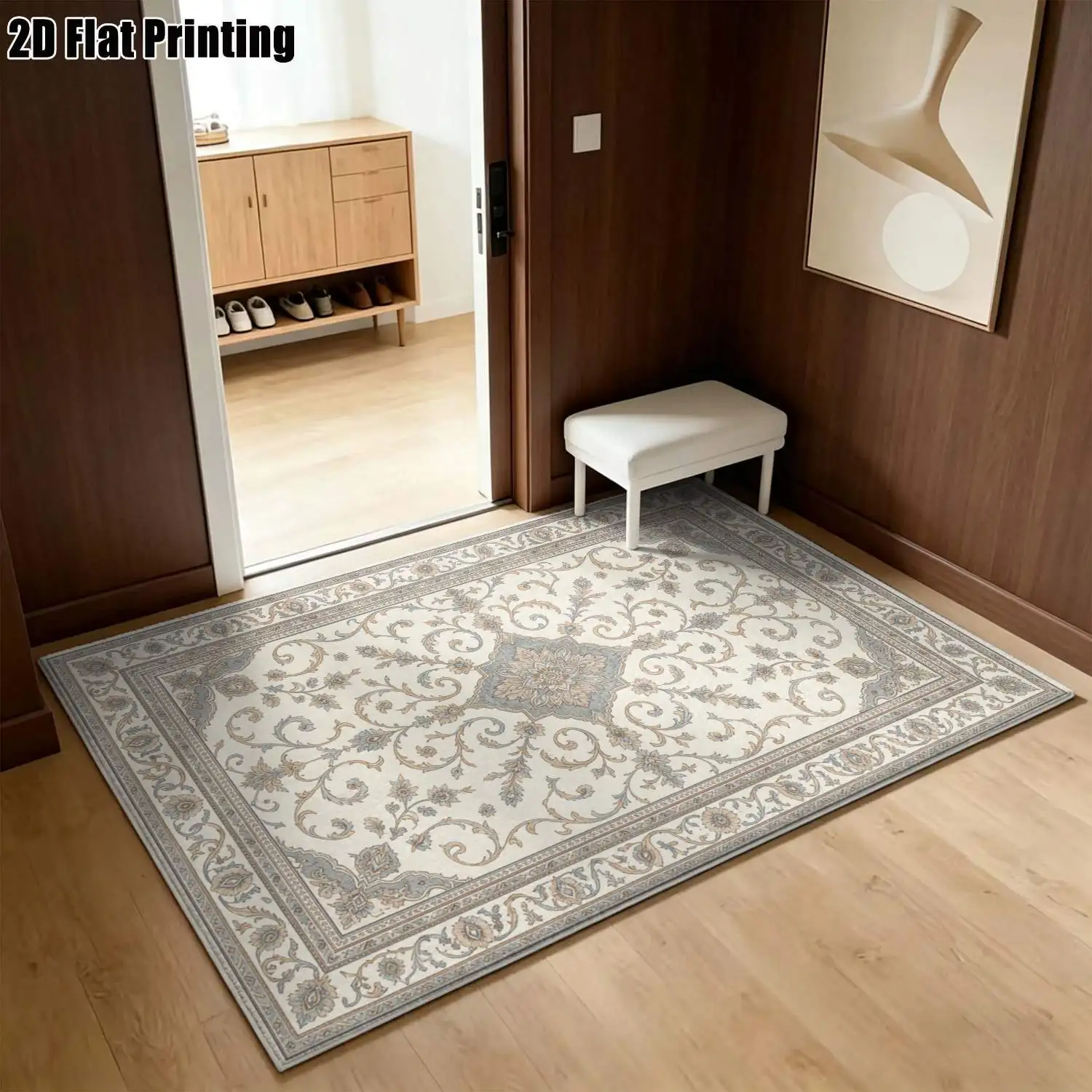 1Pc 2D Printed Retro Floral Beige Blue Carpet, European Style Home Decor Rug, Machine Washable, Multi-Size, for Entrance/Dining Room/Bedroom/Living Room