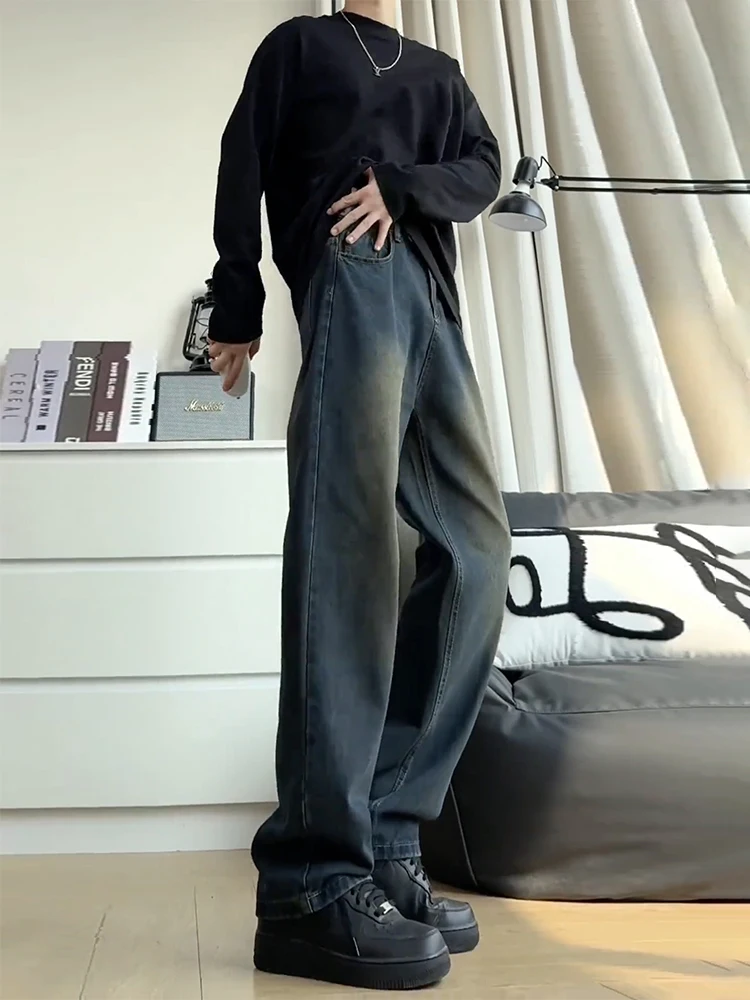Retro Wa Blue Jeans Men's Elastic Vintage American Straight Loose Tall Micro Flared Pants Youth Trendy Cotton Polyester
