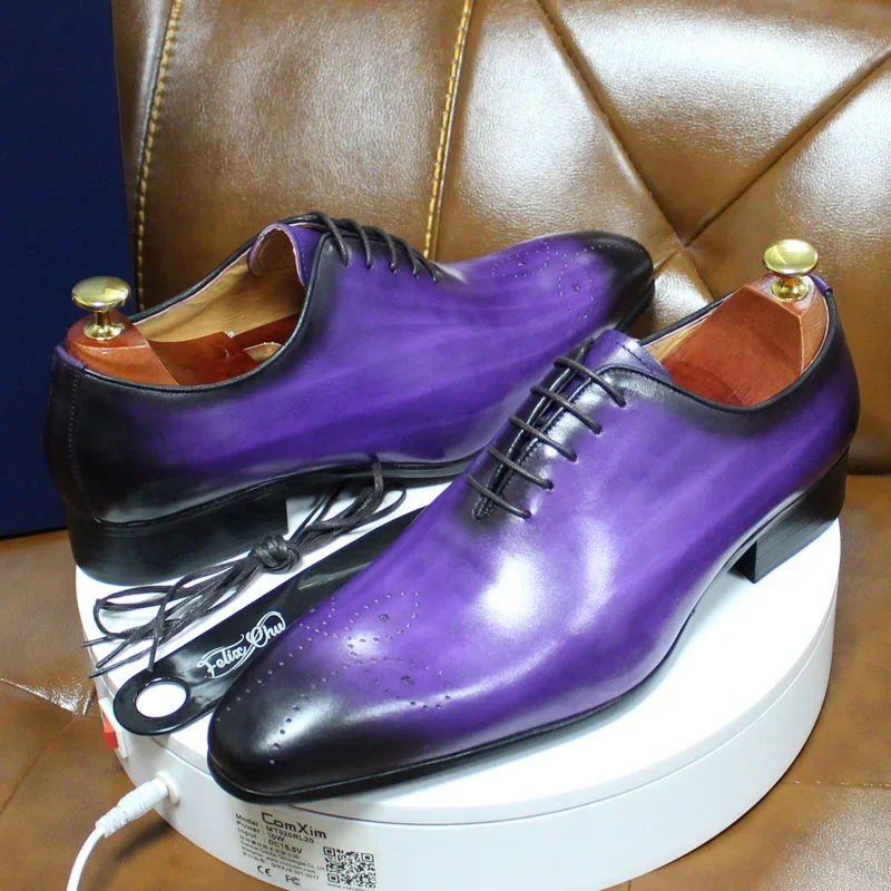 Italian Mens Genuine Leather Dress Shoes Blue Purple Oxfords Wedding Party Formal Shoes Whole Cut Elegant Men's Footwear
