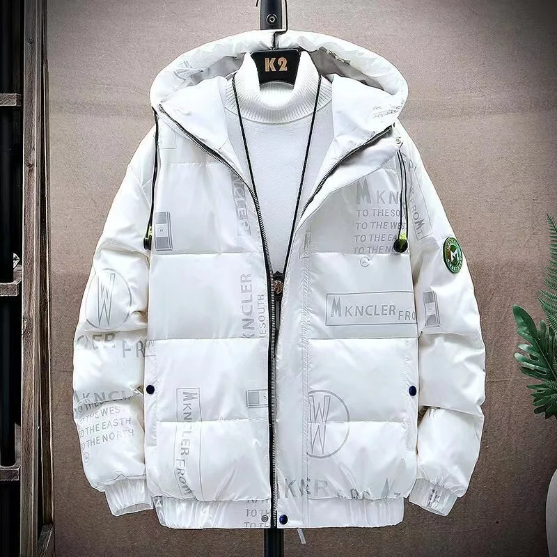 

Autumn and Winter Trend Fashion Hooded Water Proof Coat Men Jacket Glossy Printing Short White Duck Down Bread Suit Down Jacket