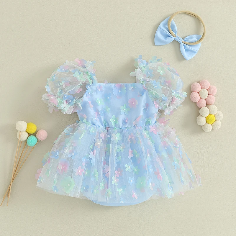 0-18M Newborn Baby Girls Rompers Dress Flower Embroidery Mesh Short Sleeve Jumpsuits Headband Princess Outfits