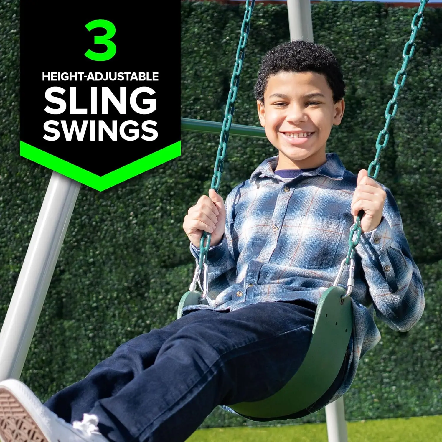 Everest 10' Metal Swing Set with 3 Adjustable Sling Swings, Green/White