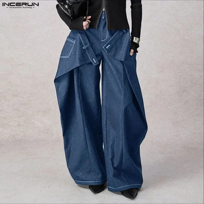 

INCERUN Men Wide Leg Pants Solid Color Loose Button Casual Trousers Men Streetwear Oversize 2025 Fashion Leisure Male Long Pants
