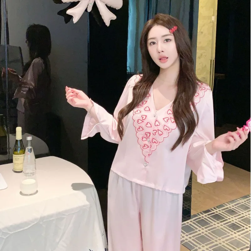 2025 Spring Autumn Pink Ice Silk Pajamas Women Two Piece Set Lace V-neck Sexy Long Sleeve Pants Heart Shape Nightwear Homewear