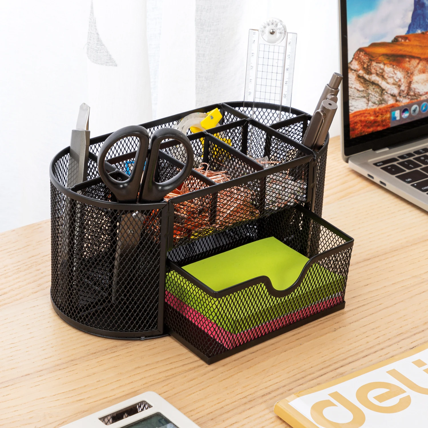 Organizador de mesa Deli Mesh com gaveta, 8 compartimentos, preto