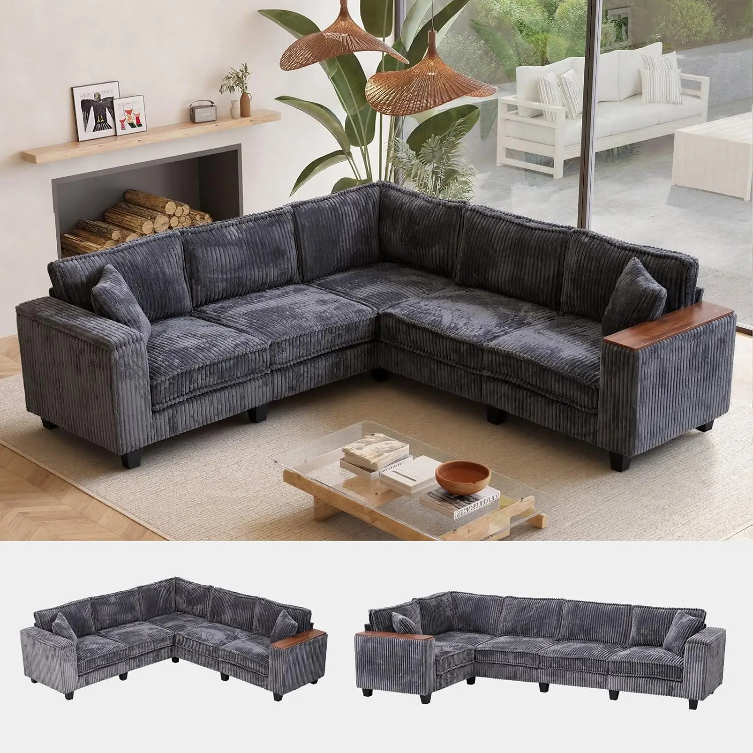 

97 Inches Corduroy Couch with 2 Pillows Deep Seat Sectional Sofa Armrests with Two Hidden Storage Space Corner, Customized