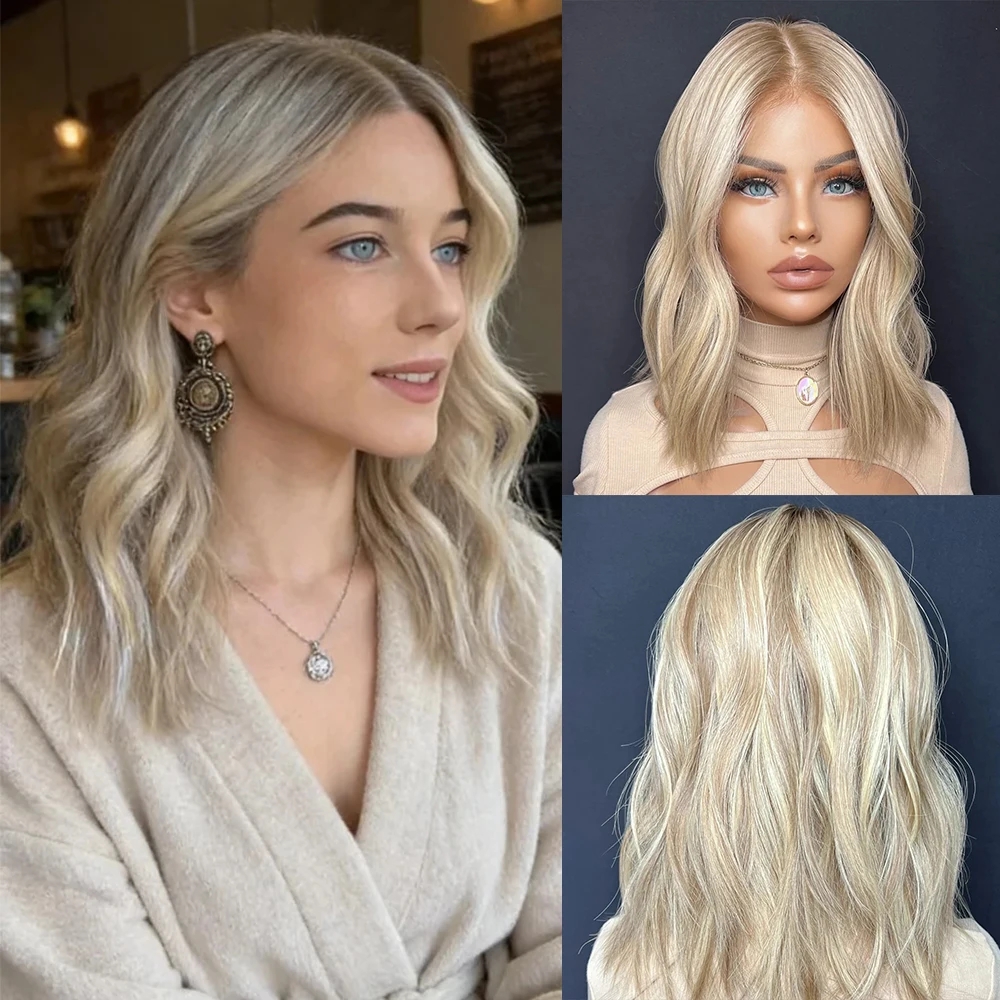 Hellascheblonde 13x4 Transparente Lace-Front-Perücke mit Aschgrau-Highlights, kurze, natürliche Wellenperücke, vorgezupft, für Cosplay-Partys im Sommer