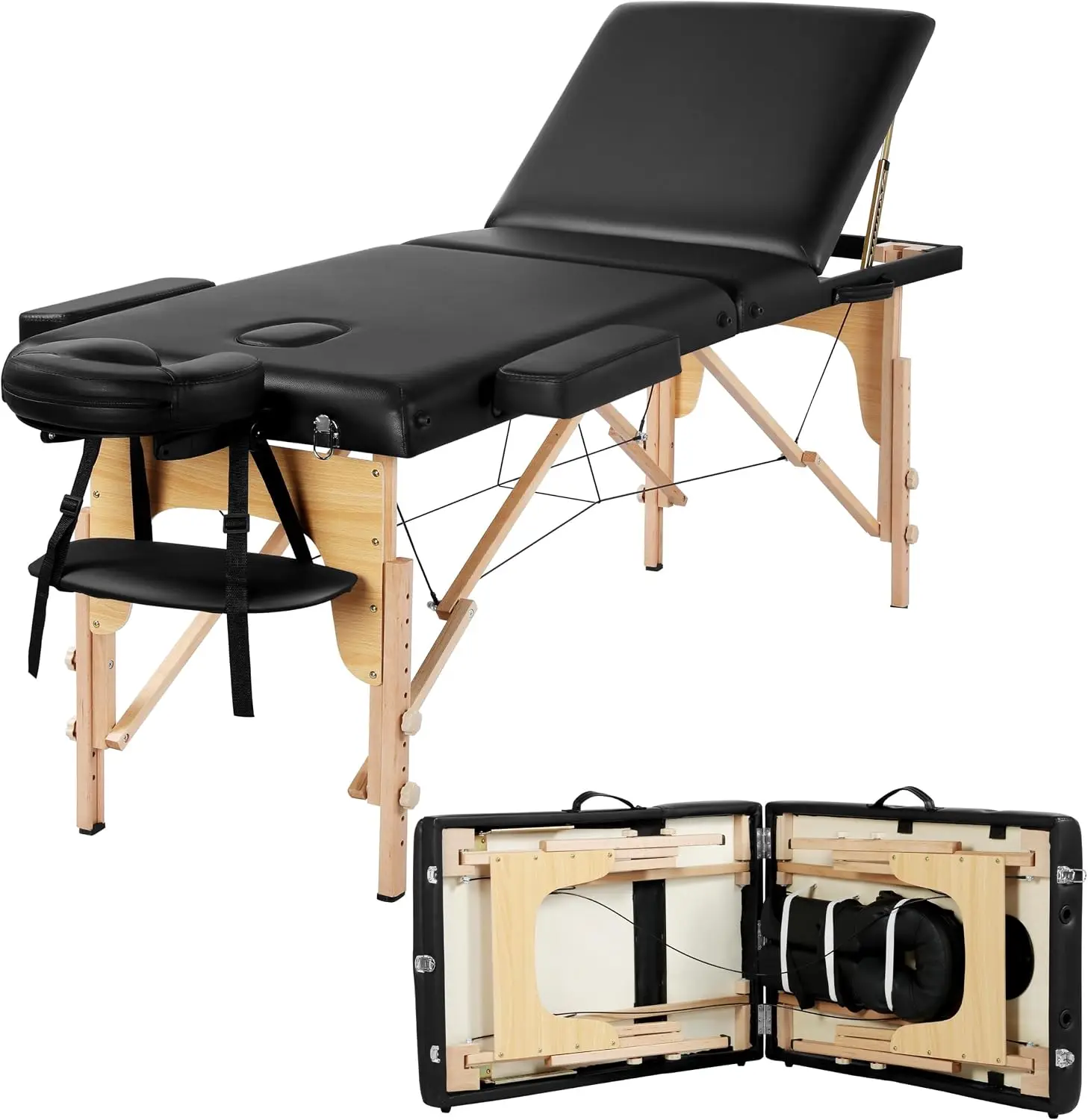 Massage Table Portable Folding Lash Esthetician Tattoo Bed, Black | Heavy-duty beech wood frame, 3-fold foam-padded PVC leather spa bed folds flat, adjusts in height for easy carry and setup
