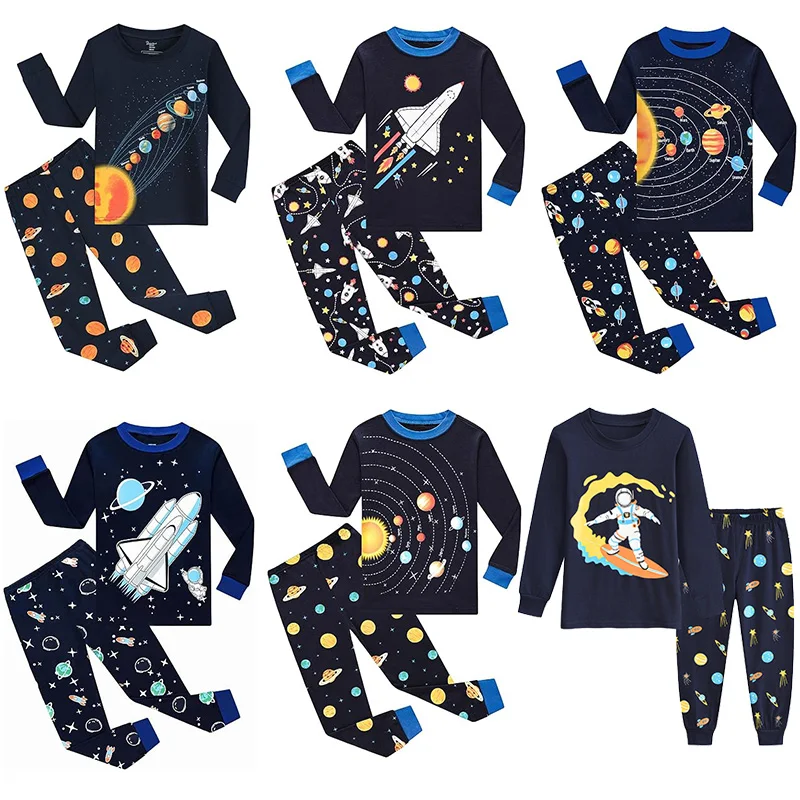 Little Hand Kids Space Pajama Set Long Sleeve Cotton Sleepwear Planet Astronaut Rocket Glow In Dark Kids Pjs for 2-7T Boys Gift