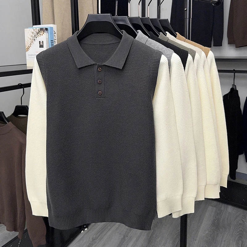 High end luxury knitted long sleeve T-shirt men's autumn winter fashion personalized splicing design Korean casual lapel sweater