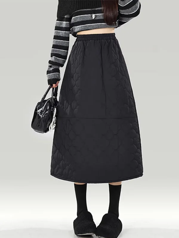 Falda Midi de Algodón Teñido, Cálida, Cintura Alta, Corte en A, Talla Grande, Ropa Casual de Invierno para Mujer