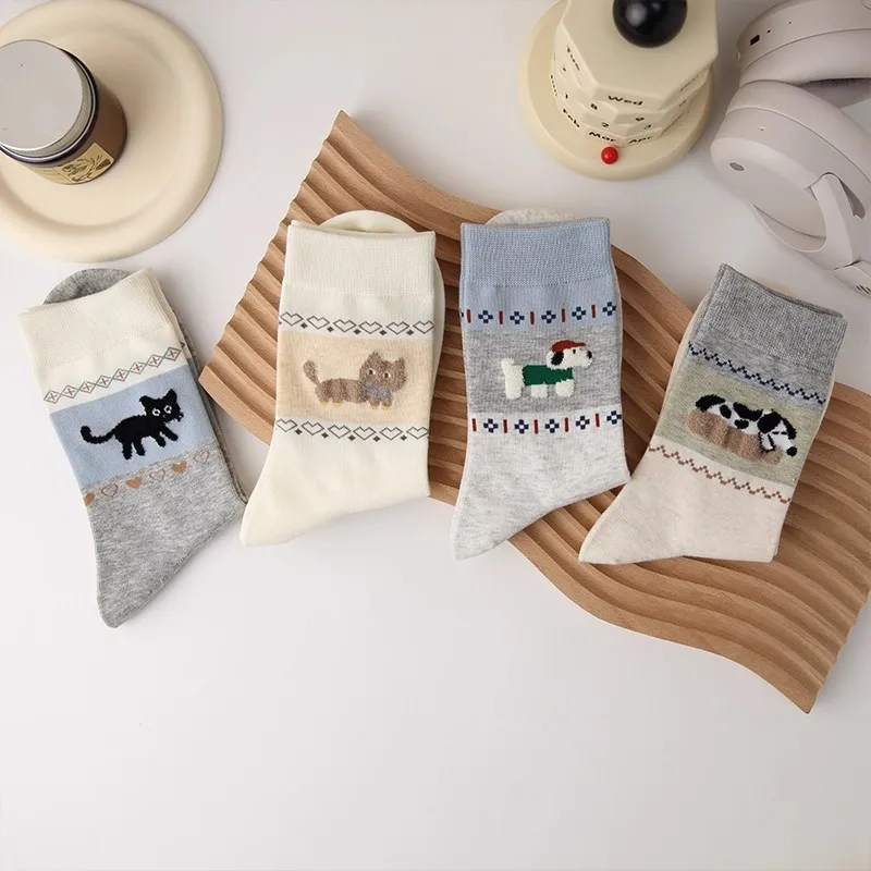1/4 Pair Cartoon Animal Printed Women Middle Socks Fashionable Retro Color Blocked Soft Comfortable Four Seasons Casual Socks