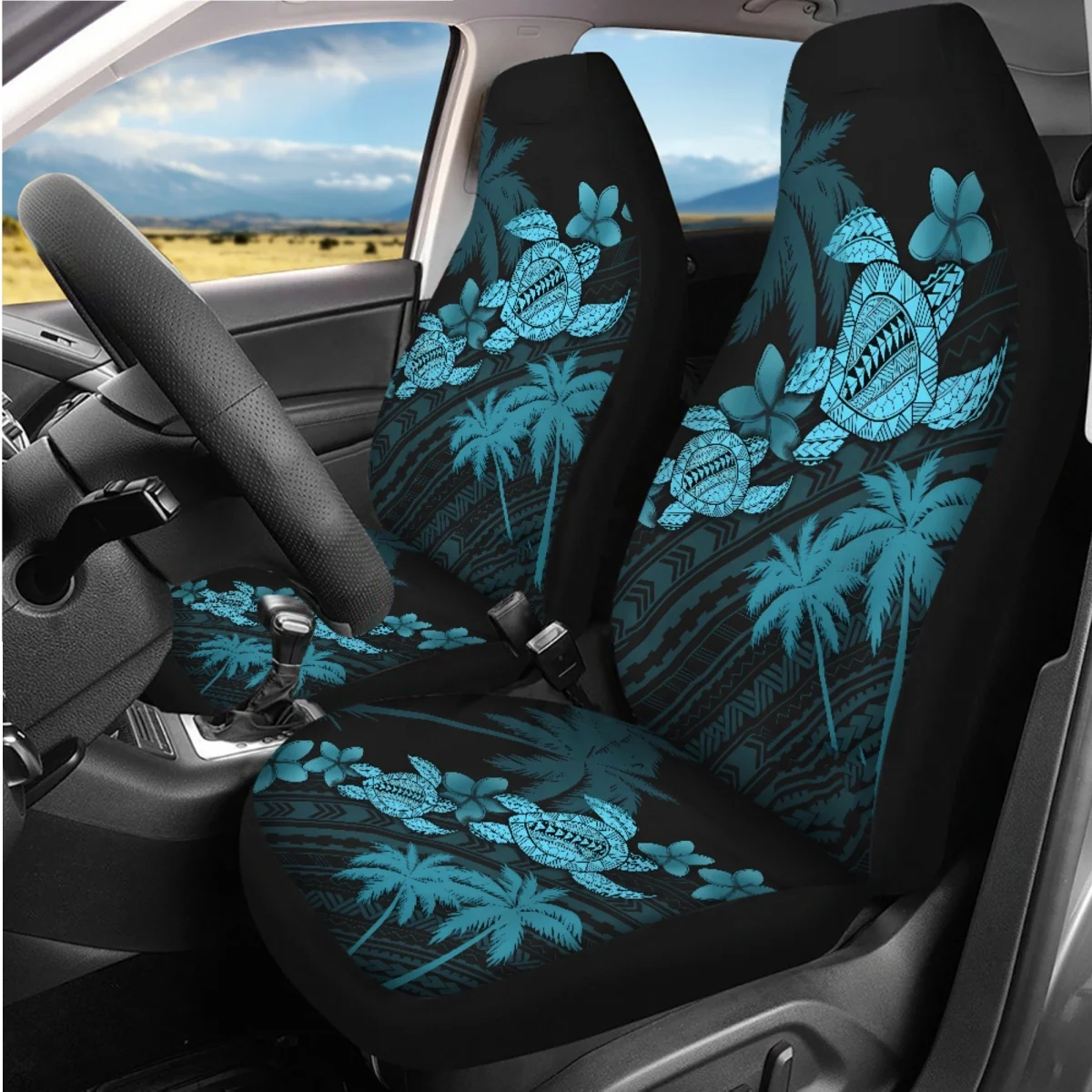 Auto Seatbelt Steering Wheel Covers Tropical Plant Turtle Pattern Front Back Seat Cover Set Unisex Car Accessories Hot Sale 2023