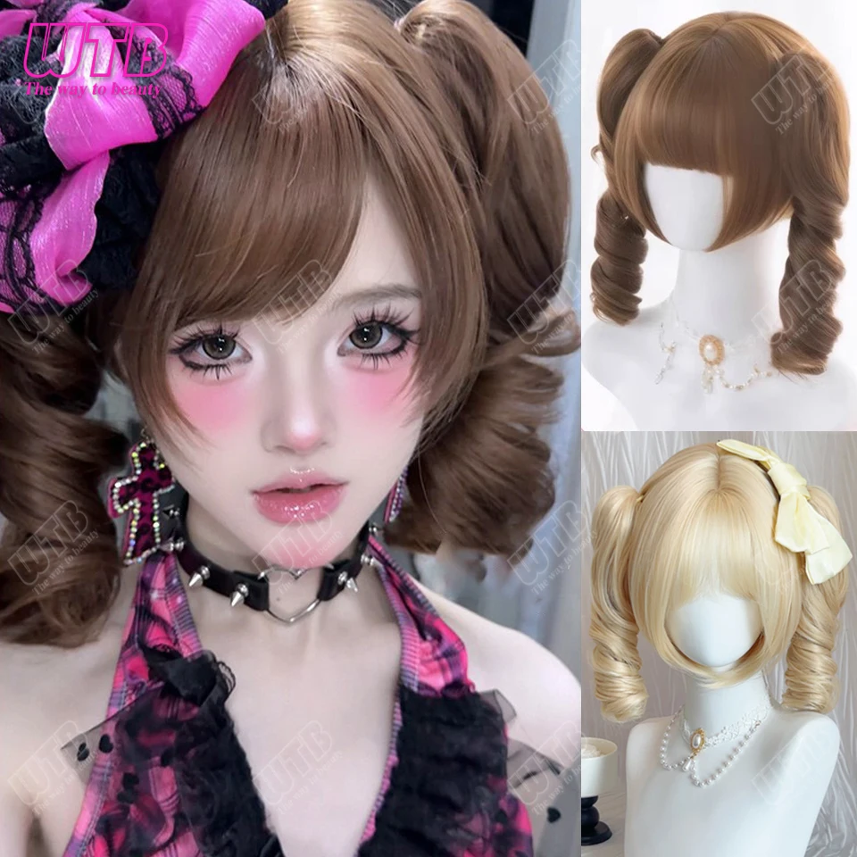 

Синтетический парик для косплея, женские короткие вьющиеся волосы, Лолита, хвост, челка, парик, парик для укладки на Хэллоуин