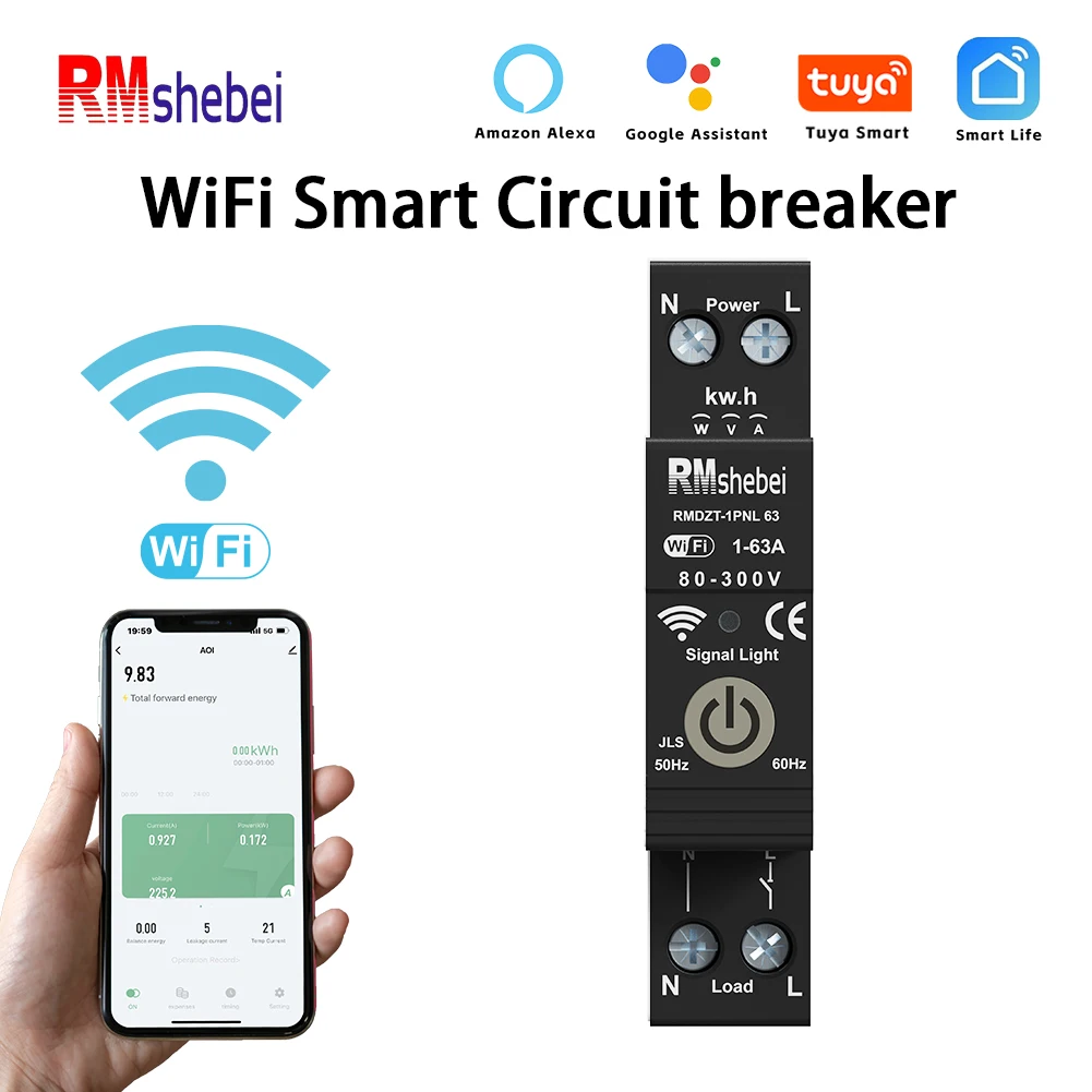 RMshebei Tuya WiFi Smart Circuit Breaker 1P + N Remote Control Timing Overvoltage And Undervoltage Overload Leakage Protection