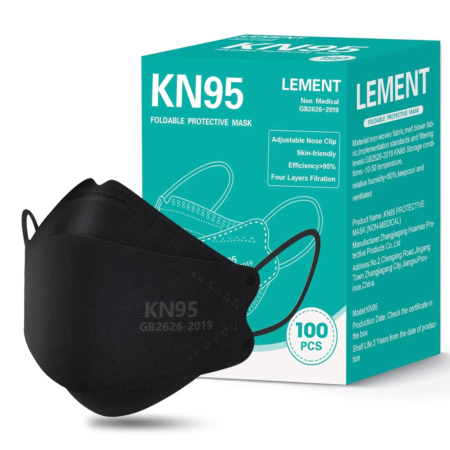 

Black KN95 Face Masks 100 Pack, Breathable Disposable for Adults and Teens